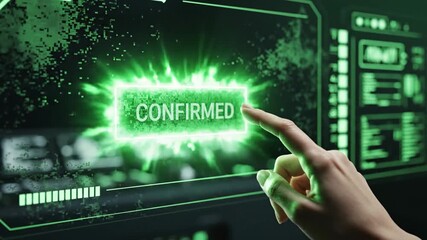 Digital Hand Tapping Accept Button on Futuristic Green Interface. - Powered by Adobe