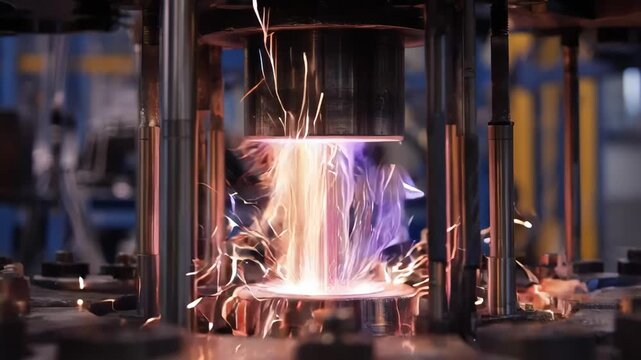 Medium shot showing an induction annealing furnace energizing metal rods focusing on the electromagnetic field generating rapid and precise heating