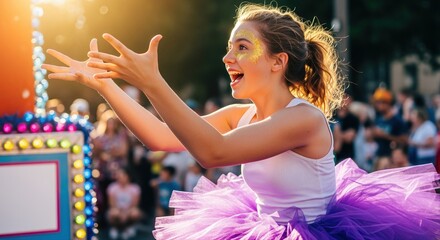 excited young woman in vibrant tutu enjoying outdoor festival with colorful lights