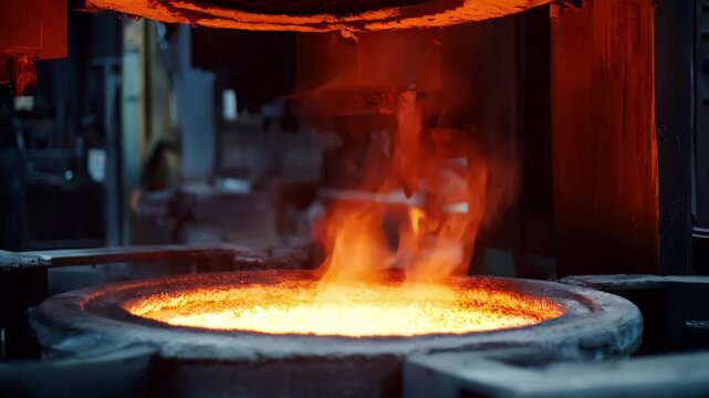Medium shot of a gaspowered ladle preheating setup with visible flames ensuring uniform temperature distribution for molten metal pouring.