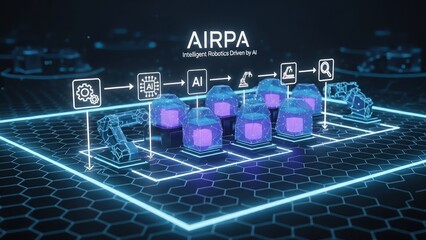 Hexagonal Grid's Digital Canvas Hosts the Low Poly  AIRPA Concept, Intelligent Robotics Driven by AI, Glowing White Icons Detail the Automation Process