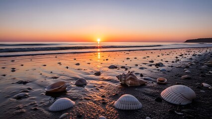 Obraz premium Peaceful seashore at dusk, glowing sun near horizon