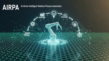 Hexagonal Grid's Digital Canvas Hosts the Low Poly  AIRPA Concept, Intelligent Robotics Driven by AI, Glowing White Icons Detail the Automation Process