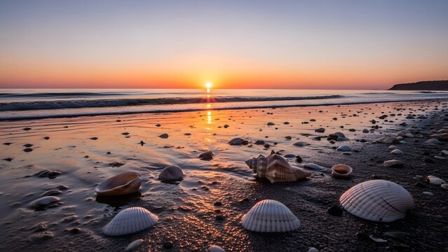 Peaceful seashore at dusk, glowing sun near horizon - Powered by Adobe