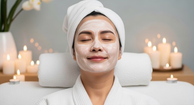 relaxed woman enjoying face mask treatment at spa with candles in serene setting - Powered by Adobe