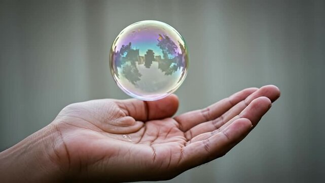 Hand gently holding a vibrant, iridescent soap bubble floating in open air