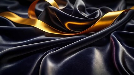 Elegance in Silk: A luxurious composition featuring lustrous, deep blue silk, artfully draped and accented by a golden ribbon, evoking feelings of opulence and sophistication.