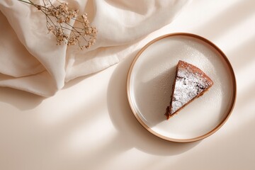 Dessert on a plate with a cloth and dried flowers in a sunlit room during the afternoon