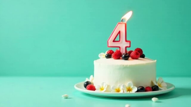 Colorful birthday cake adorned with fresh berries and a candle, showcasing vibrant textures and decorations, as the camera smoothly zooms in to highlight the joyful celebration atmosphere