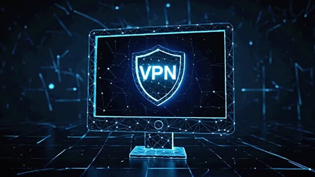 Futuristic abstract visualization of a computer monitor displaying a shield with VPN, symbolizing secure internet access, data privacy, and cyber defense.
