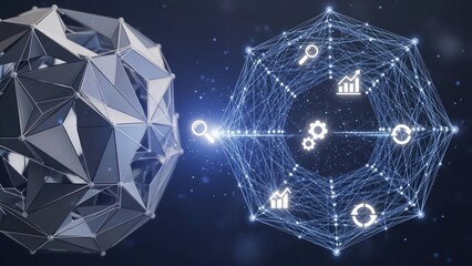 The Dynamic  of AI-RPA, Low Poly Structure Interacting with the Futuristic Hexagonal Grid, Glowing White Icons Symbolizing Continuous Process Improvement
