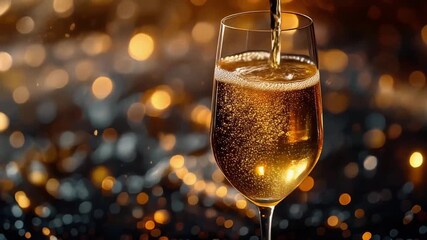 Bubbles of Delight: A captivating close-up captures the enchanting moment of champagne pouring into a delicate glass, shimmering with effervescence against a backdrop of golden lights.