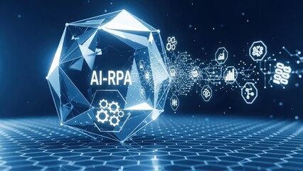 The Geometric Precision of  AI-RPA, Low Poly Structure Interacting with a Futuristic Hexagonal Grid, Glowing White Icons Symbolizing Automated System Intelligence