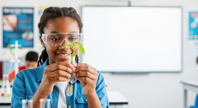 young student examining plant in science class wearing protective goggles with enthusiasm