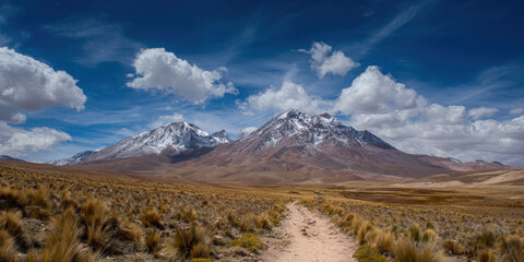 Obraz premium High-Altitude Andean Landscape: A Long, Winding Dirt Trail Leads Across the Golden Altiplano Grassland Towards Majestic, Snow-Capped Volcanic Peaks Under a Dramatic Deep Blue Sky with Wispy Clouds.