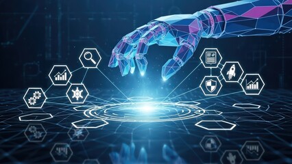 Digital Transformation's  Blueprint, AI-Driven Robotic Process Automation Converging on a Low Poly Hexagonal Grid, Glowing White Icons Signaling Operational Excellence