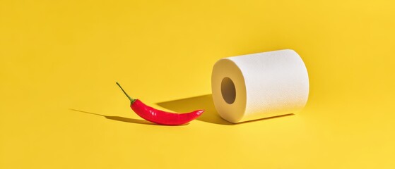 Minimalist humorous composition showing a bright red chili pepper next to a white toilet paper roll on a vibrant yellow background, symbolizing digestive discomfort or hemorrhoid-related issues.