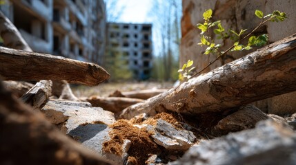 Obraz premium Close-up view of broken concrete and tree debris in a devastated urban area, with blurred abandoned buildings in the background and small green plants emerging through the rubble after a drone attack.