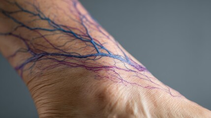 Detailed view of a foot with visible spider veins and blood vessels beneath the skin, representing vascular health issues and impaired circulation.