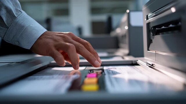 Closeup medium shot of technician operating automated document scanner showcasing precision and efficiency in paper record digitization.