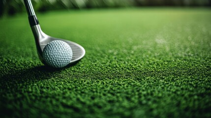 A closeup view of a golf club and ball placed neatly on a lush green golf course, surrounded by natures beauty