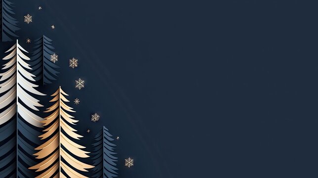 Illustration of stylized Christmas trees and snowflakes on a dark blue background, creating a festive and elegant design.