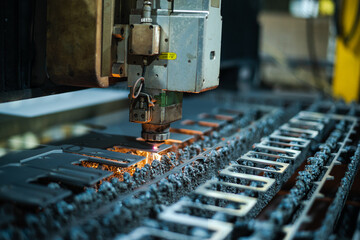 Laser cutting process with digital software control. The laser cutter head cuts through a sheet of metal, sending sparks. High quality photo