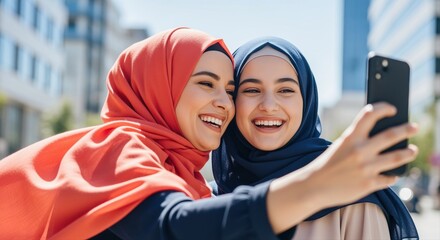 two young muslim women taking a selfie in an urban setting on a sunny day