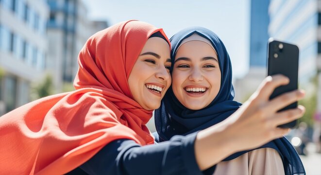 two young muslim women taking a selfie in an urban setting on a sunny day - Powered by Adobe