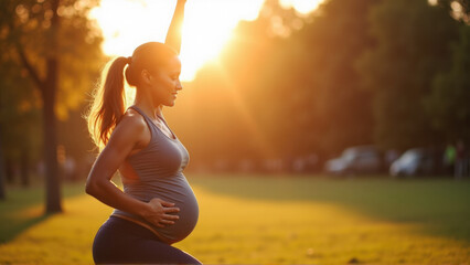 Pregnant runner stretching in park at sunrise, determined strength and balance