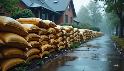 Sandbags lined up on rainy street
