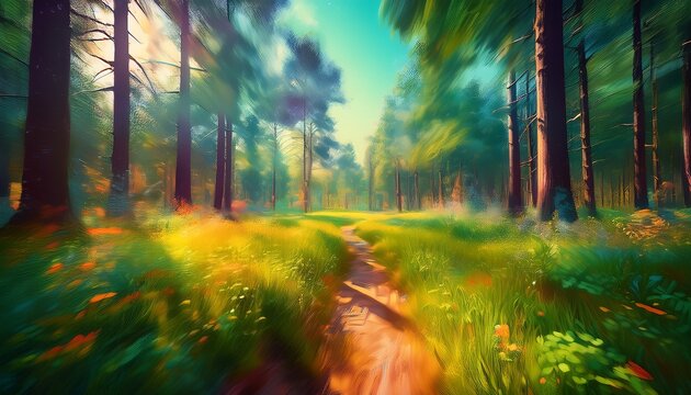 path through grass and forest trees motion blur abstract landscape - Powered by Adobe