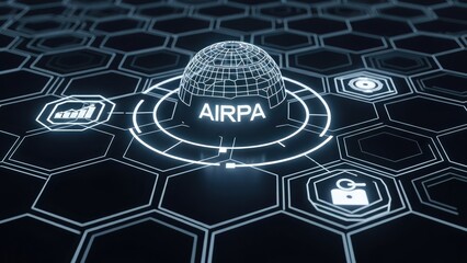 Cybernetic  AIRPA Model, Low Poly Design Intersecting the Futuristic Hexagonal Grid, Glowing White Icons Representing Optimized Task Execution