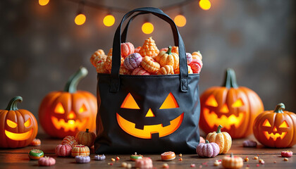 Halloween candy bag with pumpkins and festive decorations

