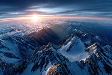Snowy Mountain Peaks at Sunset Aerial View