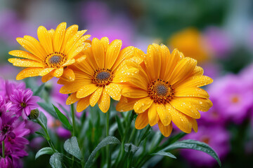 Three Yellow Daisies with Dewdrops and Purple Flowers