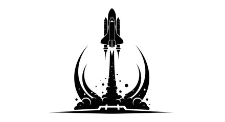 Rocket ship launching into space with powerful engine and flames.