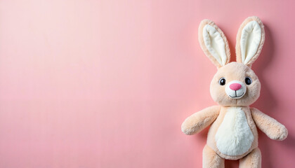 Plush bunny toy on pink background  
