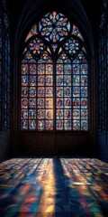 Stained-glass window casts colorful light on floor