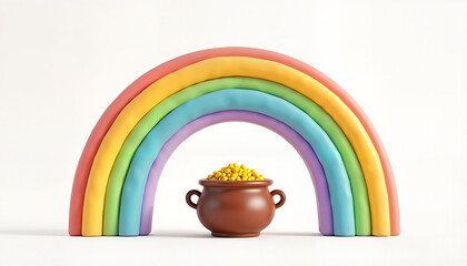Colorful rainbow arching over a pot of gold
