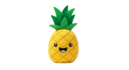 Cute plush pineapple toy with happy face and green leaves on black background stuffed