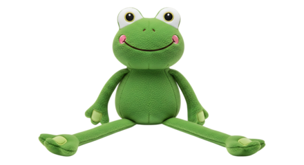 Green plush frog toy sitting with legs spread wide on a black background stuffed animal