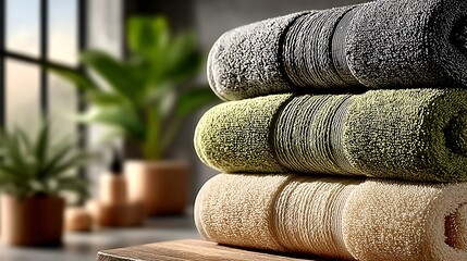 Organic bamboo towels stacked in warm lighting high resolution picture