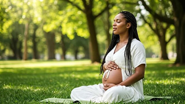 Pregnant woman meditating peacefully in a lush green park, enjoying nature