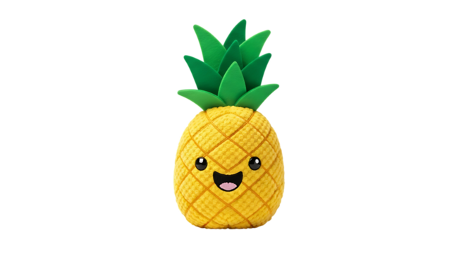 Cute plush pineapple toy with happy face and green leaves on black background stuffed