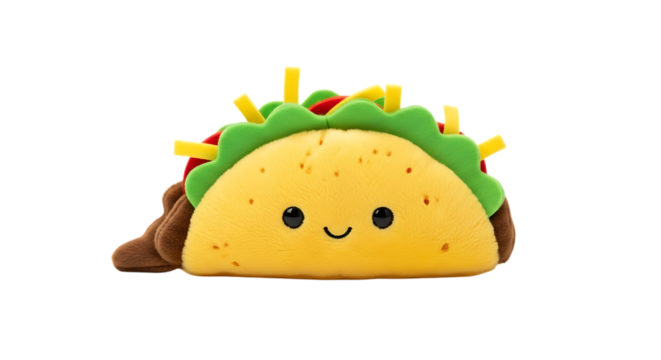 Cute Plush Taco Toy with Smiling Face and Colorful Fillings on Black Background mexican food