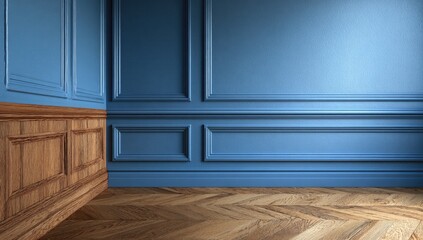 Blue paneled wall & wood floor, room corner interior