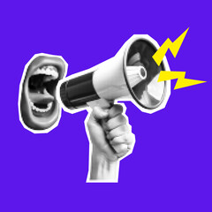 Angry human mouth shouting and hand holding megaphone with halftone texture 