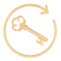 Golden vintage key inside circular arrow. 3D rendering