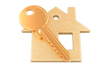 Golden house key and gold home shaped pendant. 3D rendering